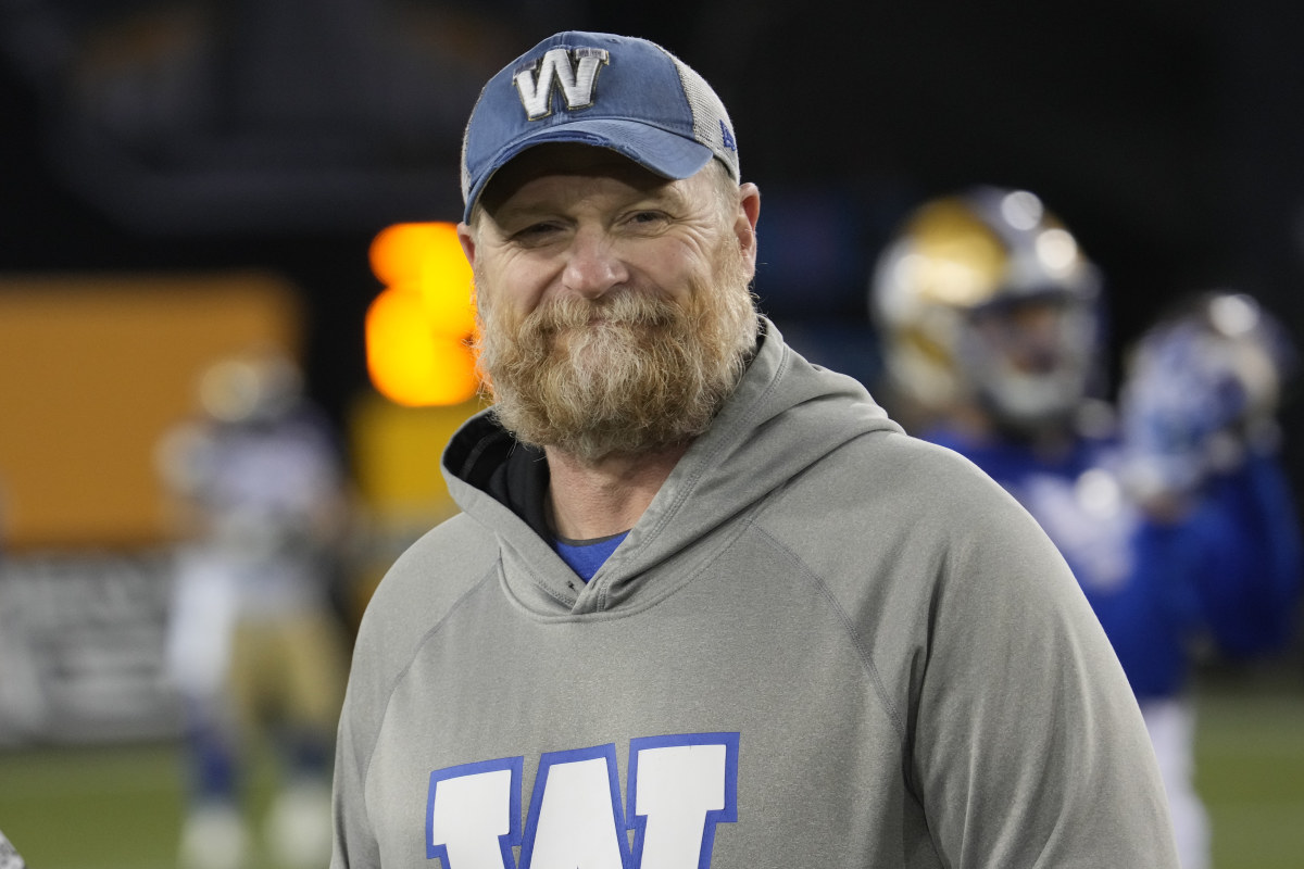 Nov 19, 2023; Hamilton, Ontario, CAN; Winnipeg Blue Bombers head coach Mike O'Shea during warm up before a game against the Montreal Alouettes at Tim Hortons Field. Mandatory Credit: John E. Sokolowski-USA TODAY Sports